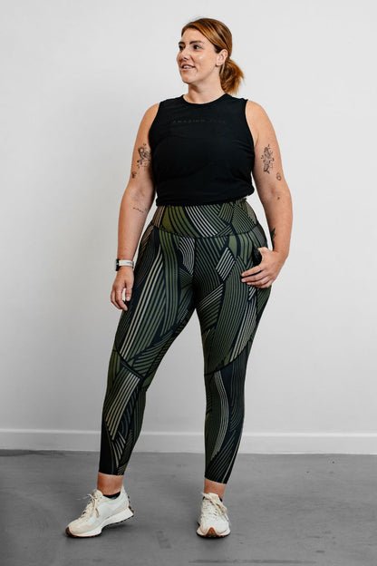 RISE Leggings. Khaki and Black Stripe